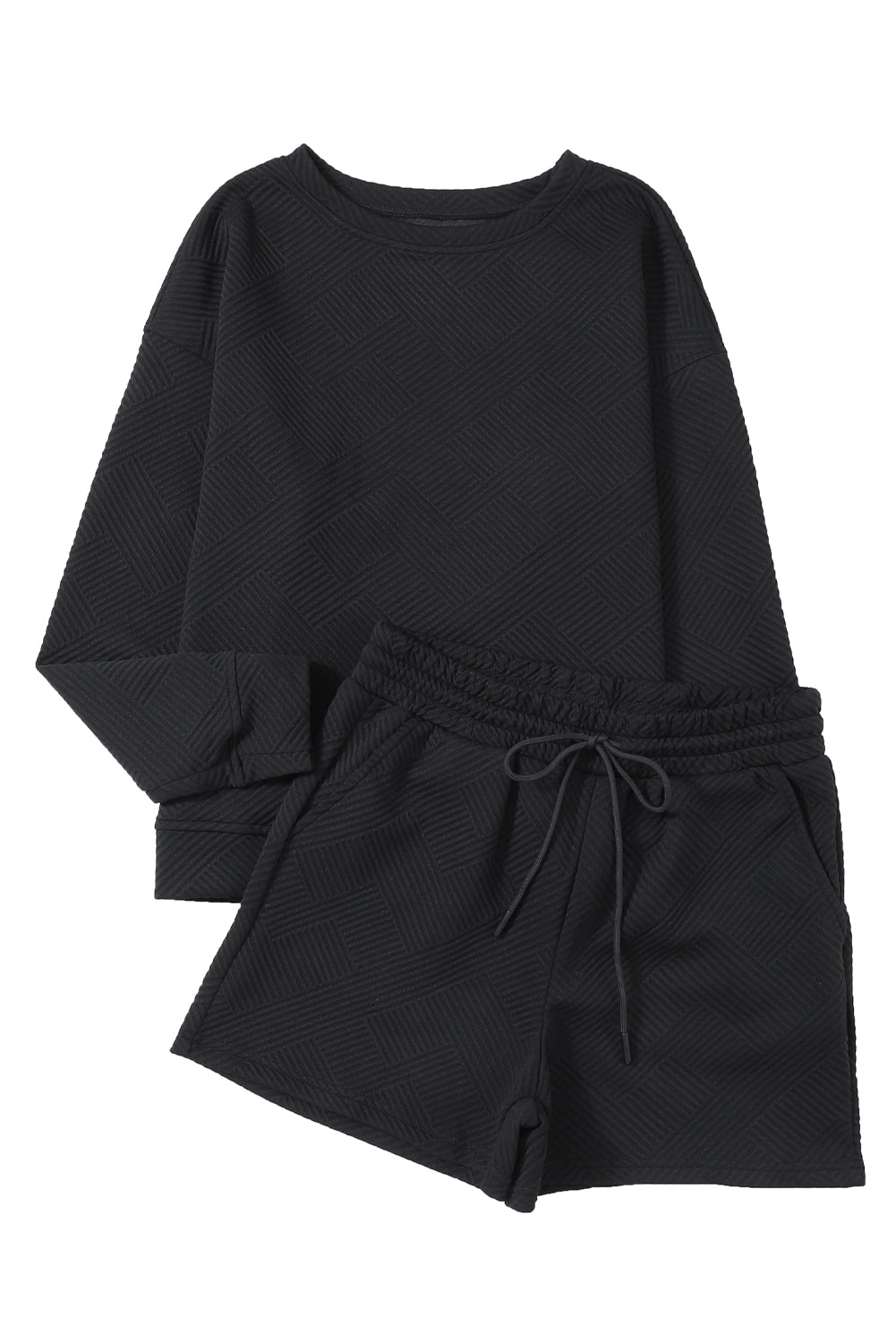 Black Textured Long Sleeve Top and Drawstring Shorts Set