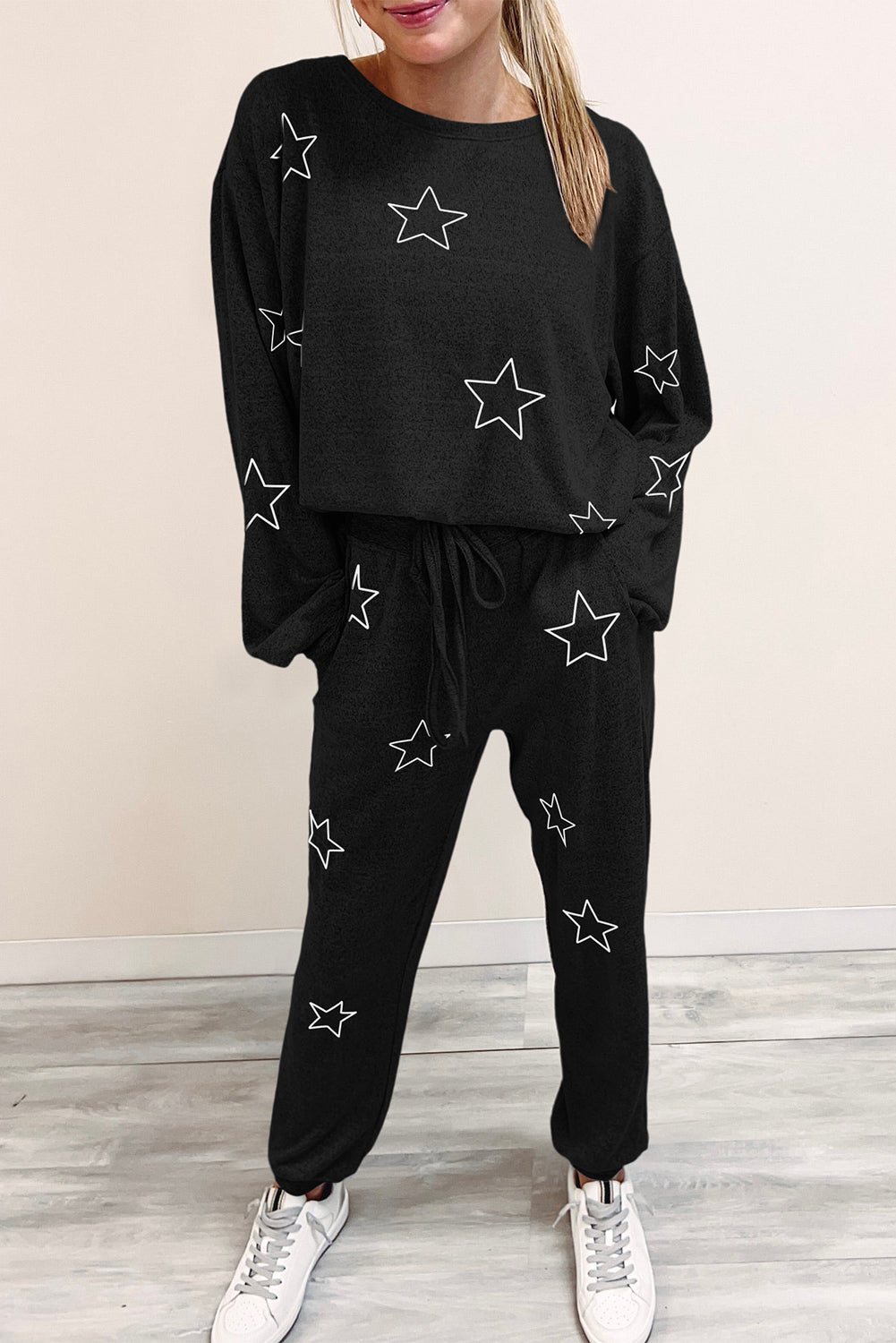 Black Stars Print Long Sleeve Drawstring High Waist Lounge Set